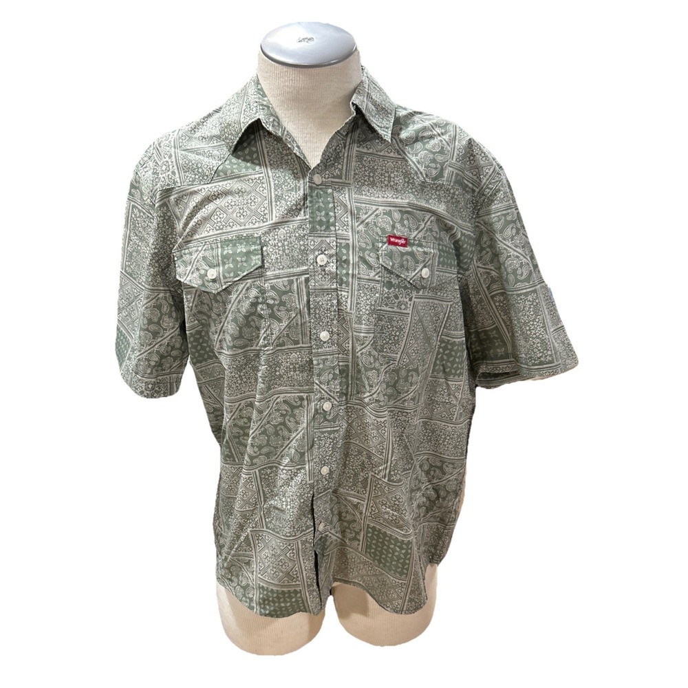 Wrangler Mens Button Shirt Large Green Short Sleeves Casual